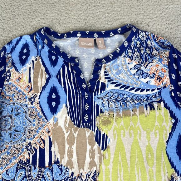 Chico's Blouse Womens 2 Blue Paisley Large Short Sleeve Roll Tab Pullover V Neck - Picture 2 of 10